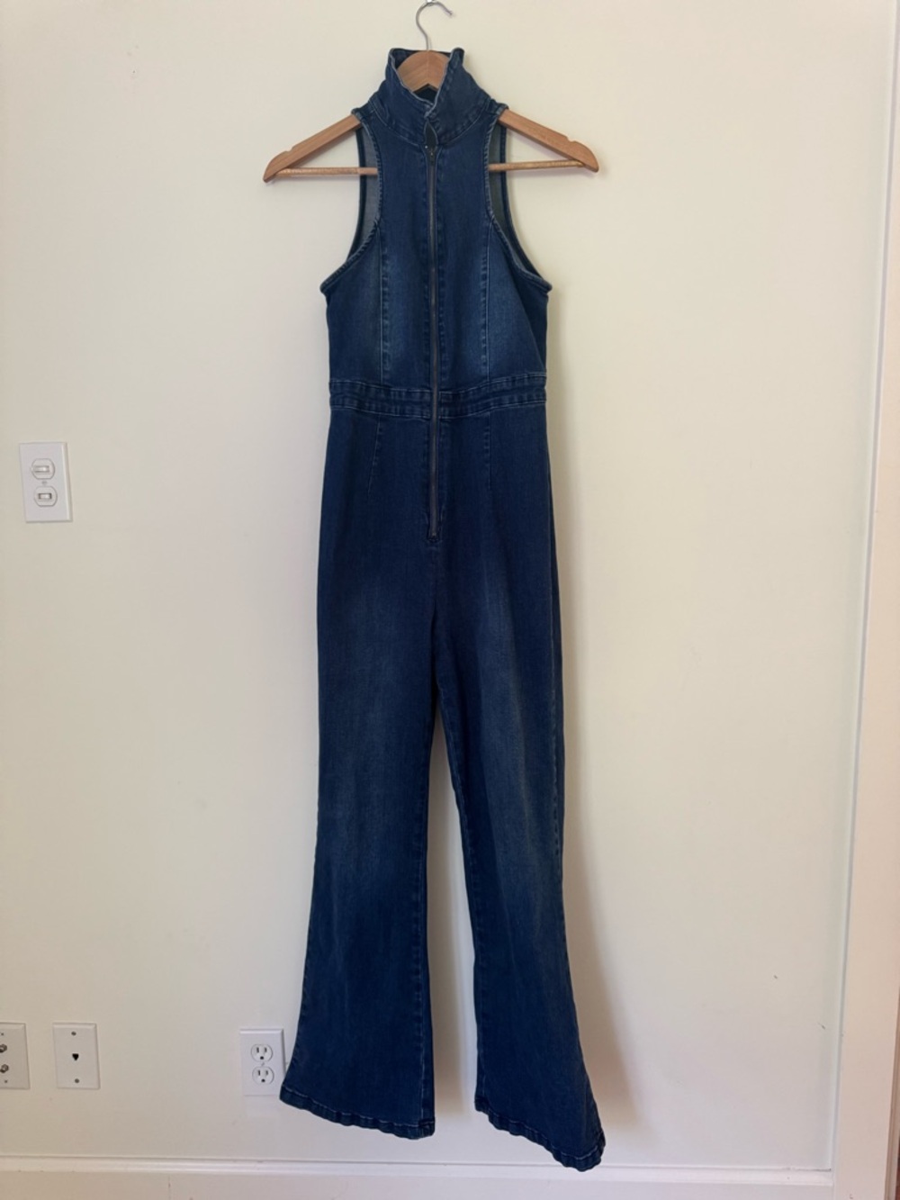Dark Wash Denim Jumpsuit with Stand Collar